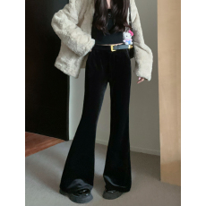 批发实拍实价 新款加绒加厚设计感复古丝绒微喇修身裤高腰马蹄裤