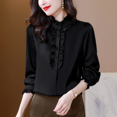 批发实拍<b class='q'>真丝</b>衬衫女长袖春秋新款荷叶边桑蚕丝上衣洋气小衫立领衬衣