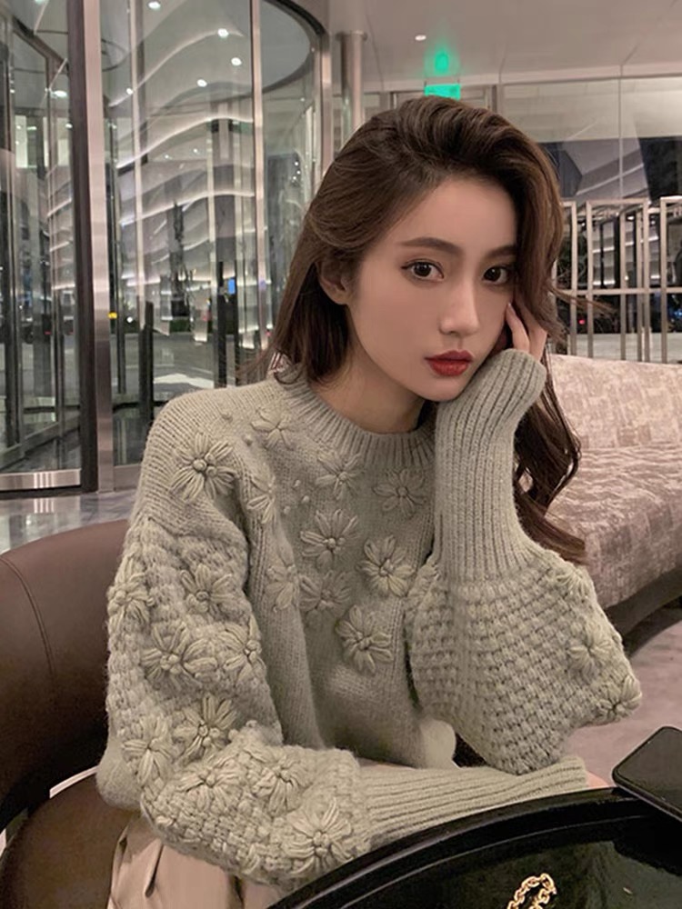PF28380# 刺绣毛衣女新款套头针织衫上衣女重工钩花毛衣内搭打底衫女裝貨源服裝批發