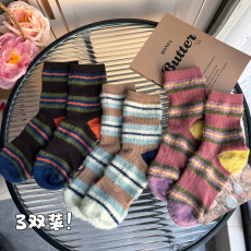 批发实拍实价韩版条纹软绒保暖袜子女中筒袜秋冬堆堆袜长袜女袜3双装