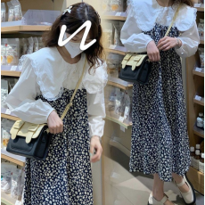 批发秋装大码女装蕾丝花边娃娃领衬衫+碎花吊带连衣裙