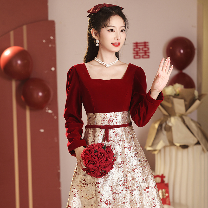 PF26487# 敬酒服小个子新娘新款结婚订婚连衣裙红色礼服裙秋冬回门长袖...