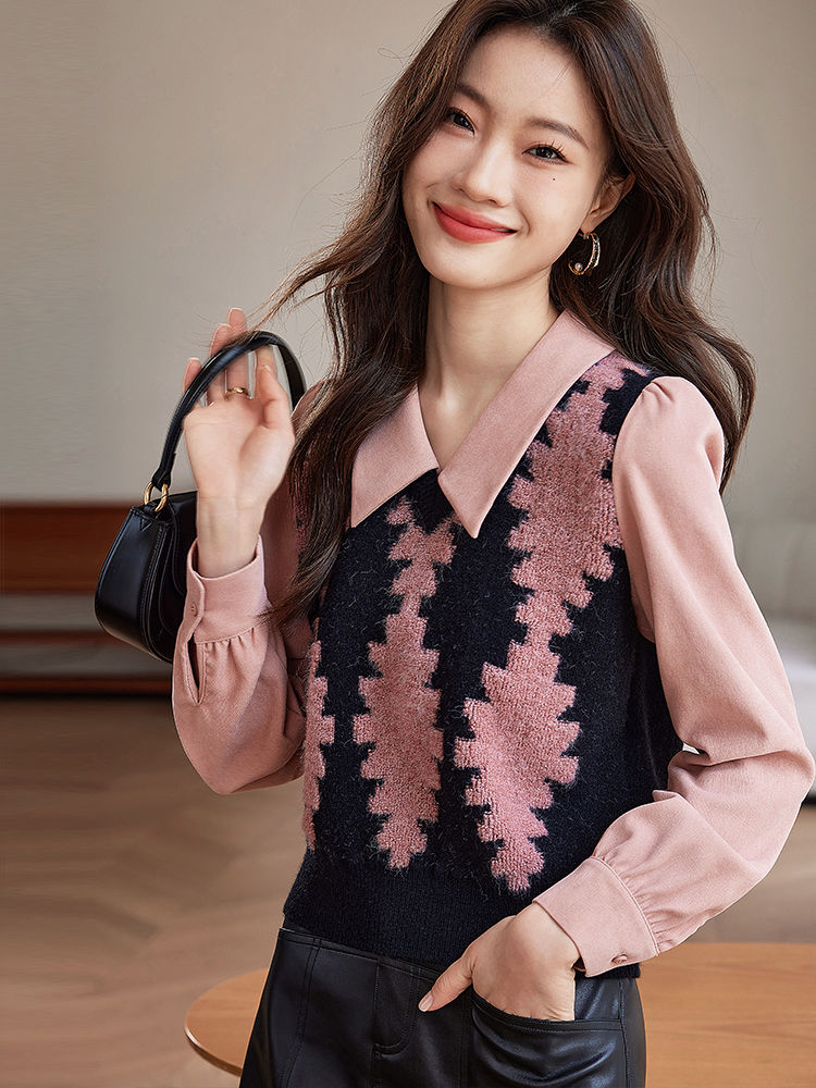희 세계 페이크 레이어드 링 그리드 패치워크 스웨터 여자 2026 봄과 가을 프랑스식 작은 대중 POLO 칼라 니트 맨위
