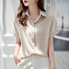 批发白色缎面短袖<b class='q'>衬衫</b><b class='q'>女</b>夏正装polo<b class='q'>职业</b>高端气质绸缎上衣通勤面试<b class='q'>衬衣</b>
