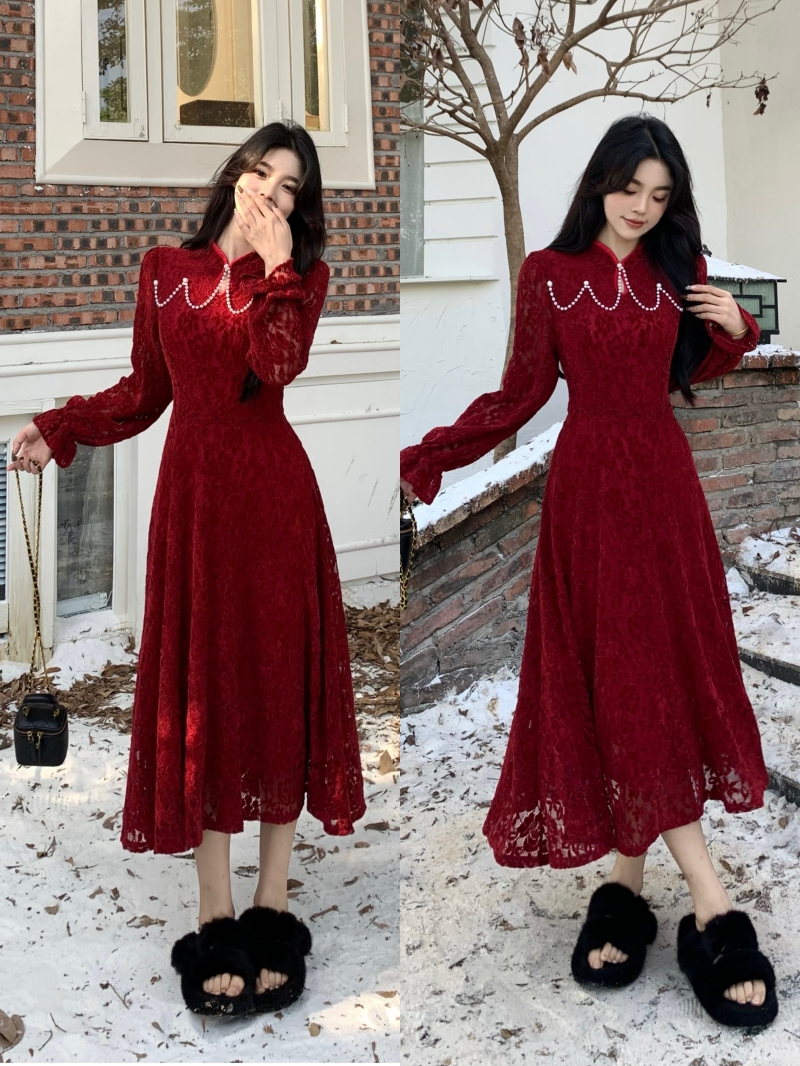 MY15612# 大码女装胖mm新中式连衣裙气质复古蕾丝拼接中长款内搭打底裙女裝貨源服裝批發