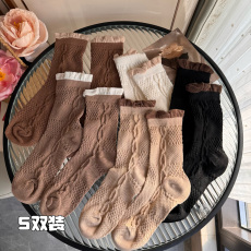 批发实拍实价秋冬季百搭袜子女中筒袜拼色堆堆袜长袜女袜纯棉5双装