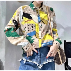 批发韩版春季新款涂鸦印花棉麻衬衫设计感休闲<b class='q'>街头</b>风休闲百搭衬衣女