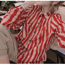 批发韩版春季新款棉麻条纹衬衫chic长袖开衫宽松百搭休闲衬衣女