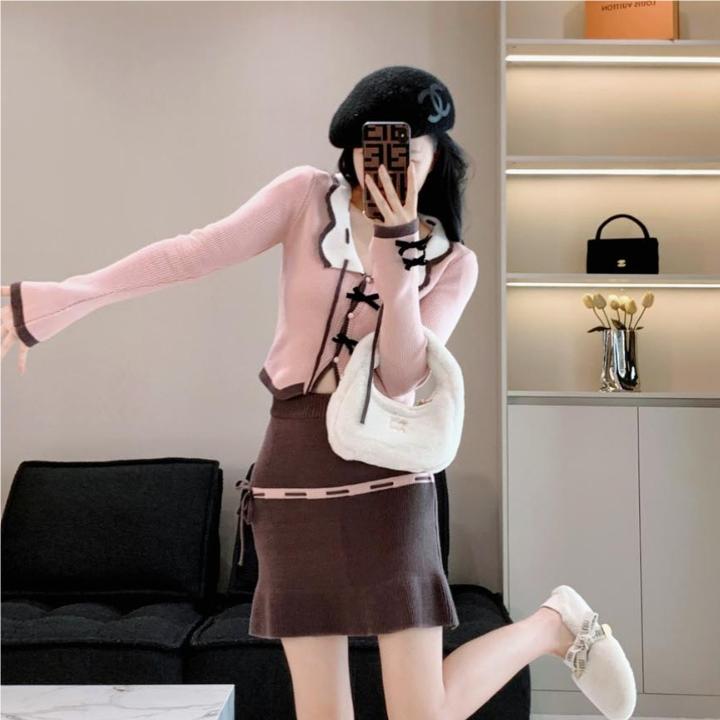 2024 Knitted Sweater Autumn Pink One Shoulder Strap Long Sleeve Wool Knitted Sweater Top Two-piece Set