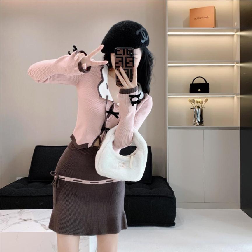 2024 Knitted Sweater Autumn Pink One Shoulder Strap Long Sleeve Wool Knitted Sweater Top Two-piece Set