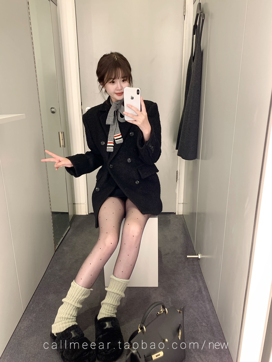 CallmeEar//Feeling the atmosphere and temperament, double-breasted wool coat for women, black slimming short coat