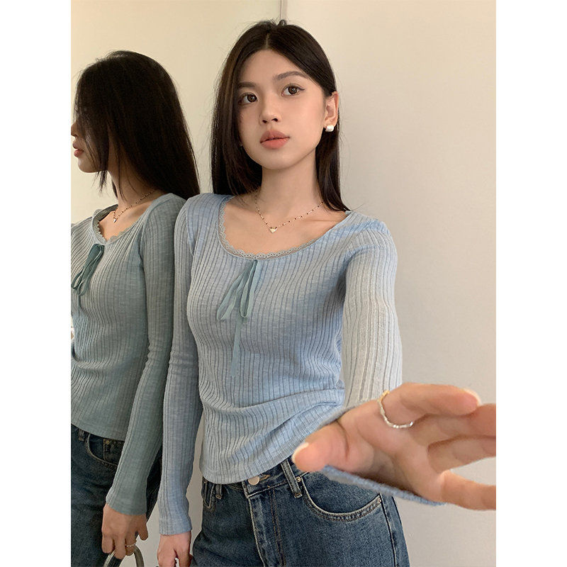 Real shot of bow textured jacquard sweater for women, lace round neck, slimming, long-sleeved top worn inside the camera