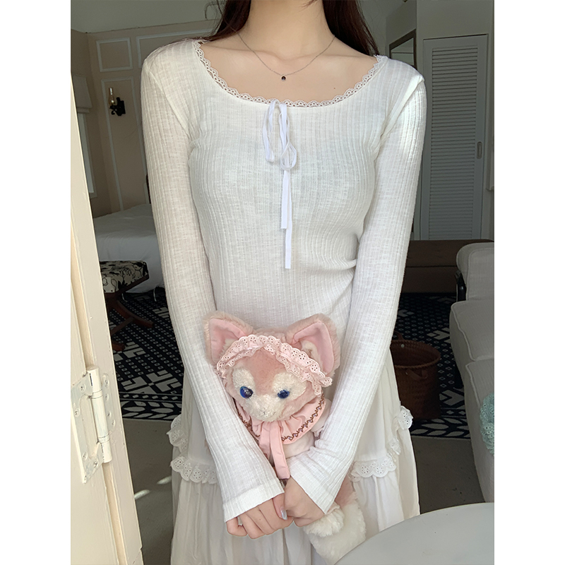 Real shot of bow textured jacquard sweater for women, lace round neck, slimming, long-sleeved top worn inside the camera