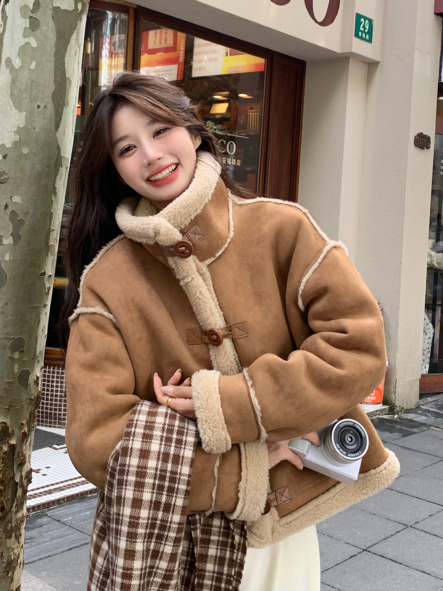 皮毛一體羊羔毛外套女小個子2023冬季新款韓系立領短款麂皮絨大衣