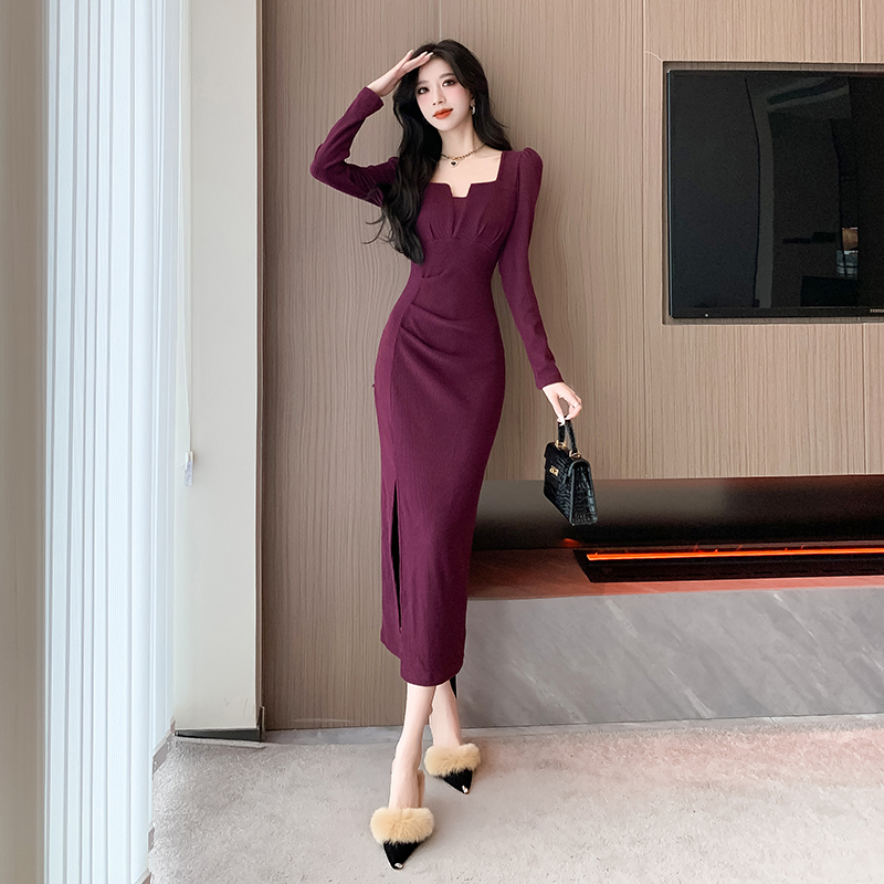 MY16230# 新款女方领长袖开叉打底连衣裙褶皱收腰显瘦长裙女裝貨源服裝...