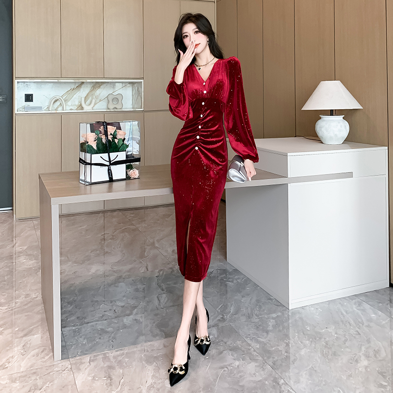 PF20607#新款女V领长袖丝绒复古褶皱收腰开叉连衣裙长裙女裝貨源服裝批發