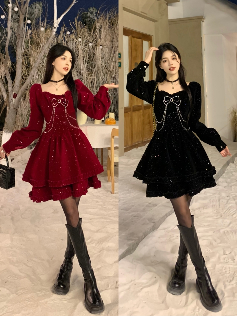 Plus size women's Christmas autumn and winter new French style slim waist long sleeve gentle square neck dress for women