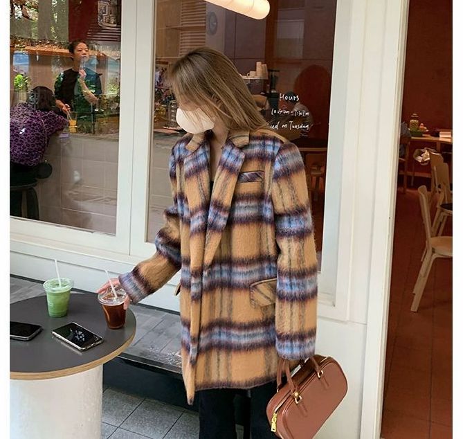 三三家 加棉抗凍格子西裝呢子大衣女秋冬高級感中長款格紋毛呢ins