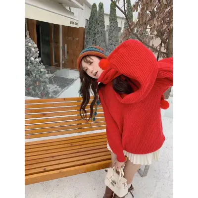 圣诞新年款！韩版休闲套头百搭中长款红色毛衣➕围巾