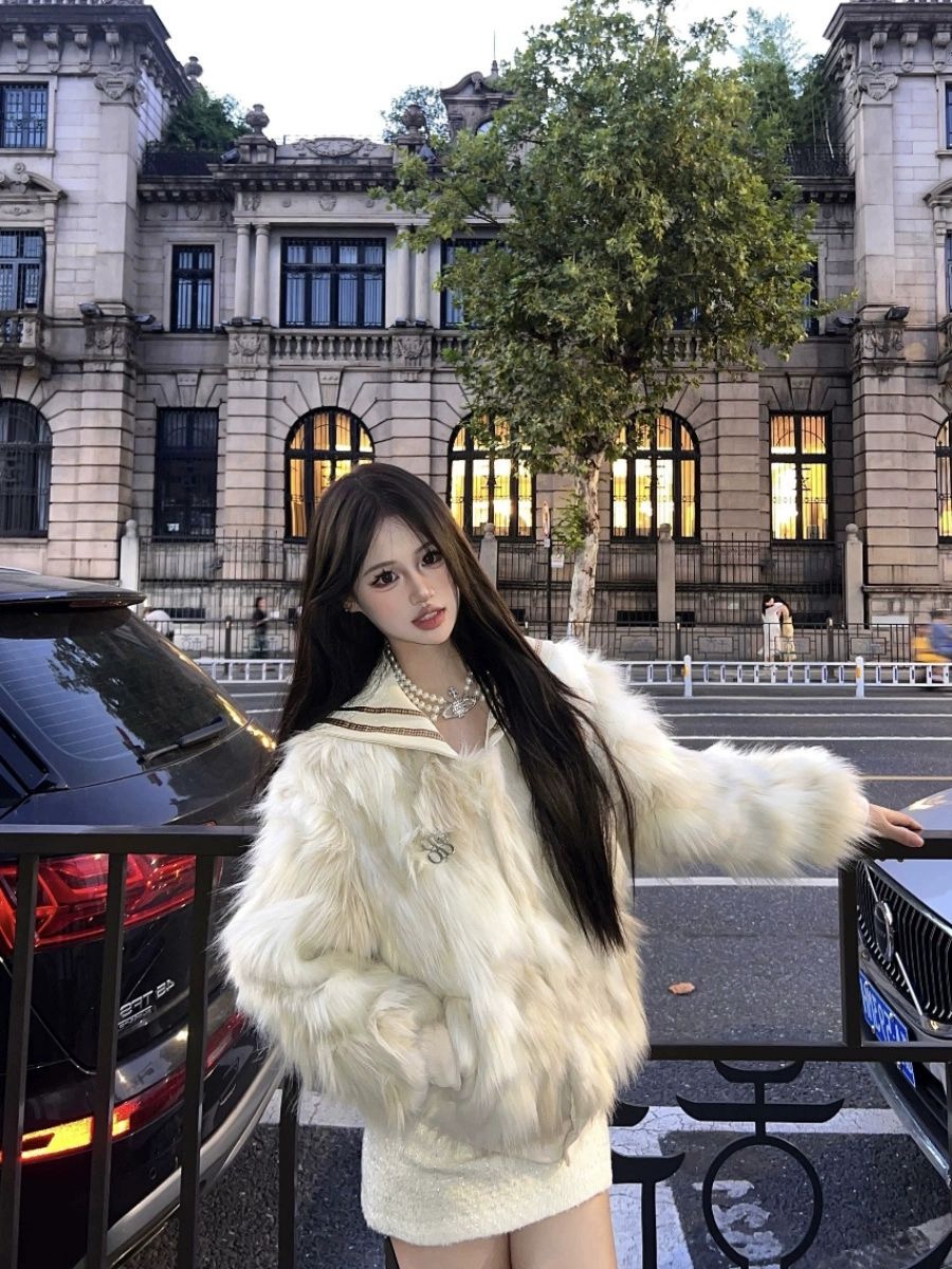 BUWAN STUDIO niche design navy collar environmentally friendly tie-dye fur coat autumn and winter high-end fur top