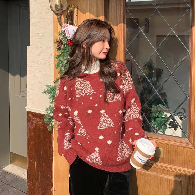 韓版寬鬆顯瘦圓領超火長袖雪花聖誕新年毛衣女加厚保暖外穿針織衫