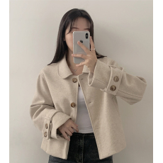 批发已出货  韩风甜美减龄娃娃领三粒扣小个子百搭短款丝绵毛呢外套