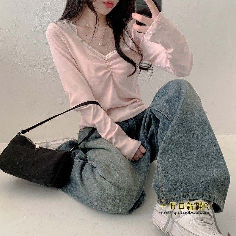 Tailor it as you like, pure lust top for girls, cute and gentle pink V-neck long-sleeved T-shirt