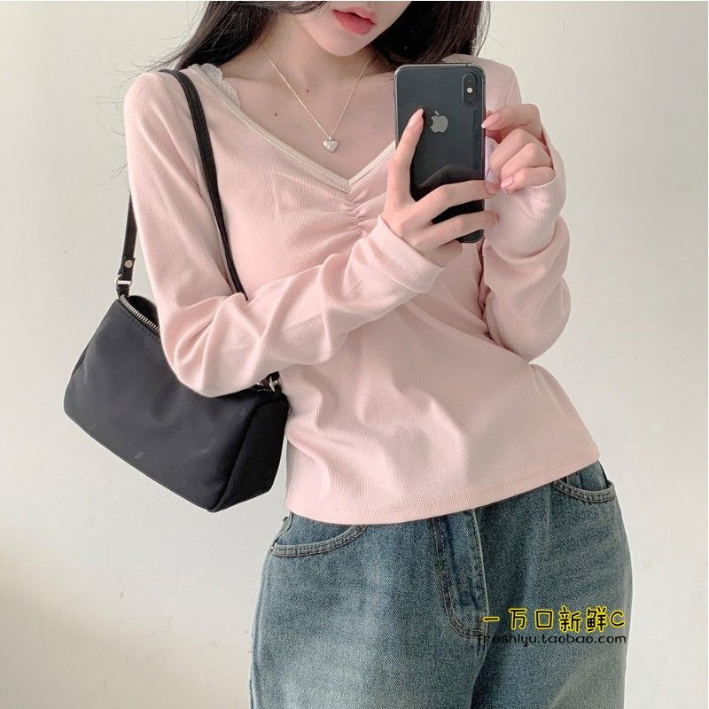 Tailor it as you like, pure lust top for girls, cute and gentle pink V-neck long-sleeved T-shirt