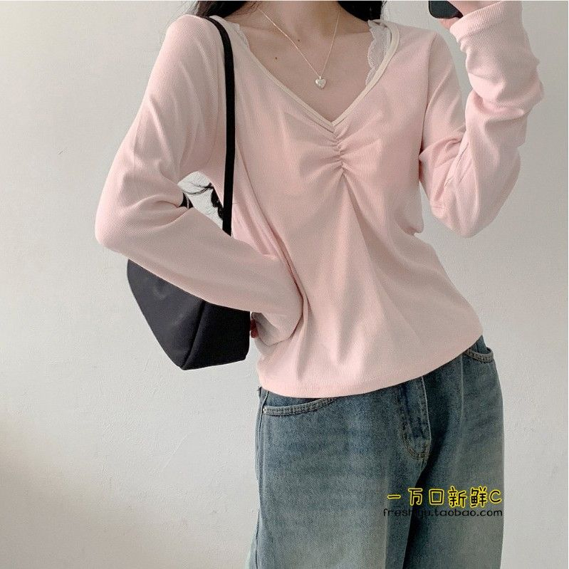 Tailor it as you like, pure lust top for girls, cute and gentle pink V-neck long-sleeved T-shirt