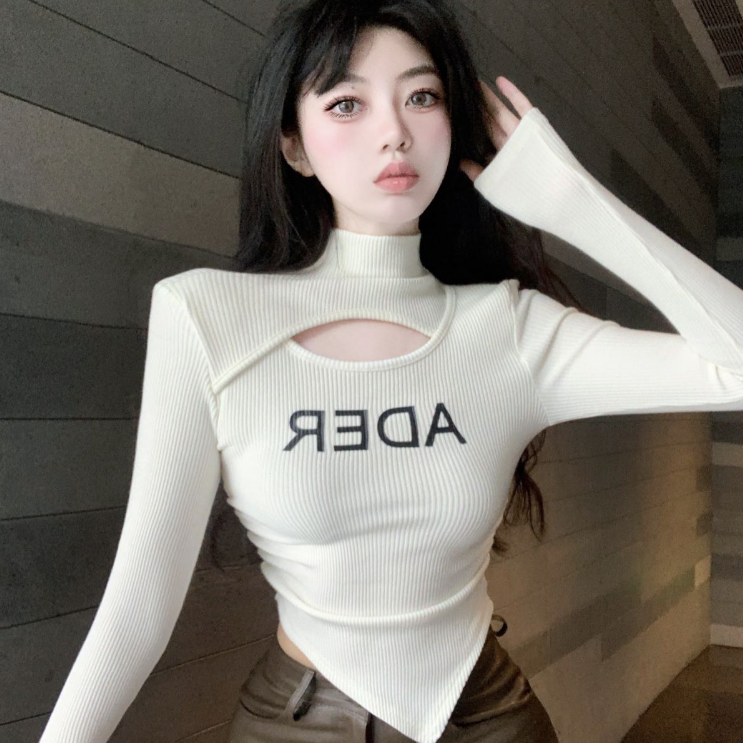 DeRong Sweet Hot Girl Slim Long Sleeve Letter Hollow Pleated Waist Irregular Brushing