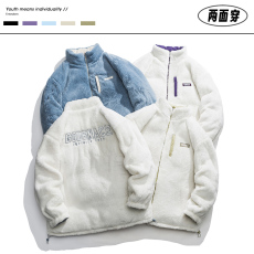 批发双面穿羊羔绒棉服外套男2023新款秋冬季潮牌宽松加绒羽绒夹克常规