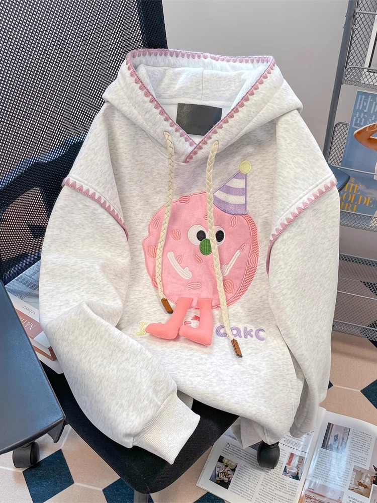 Gray cute velvet thickened hooded sweatshirt for small women in autumn and winter loose age-reducing three-dimensional embroidered cartoon top