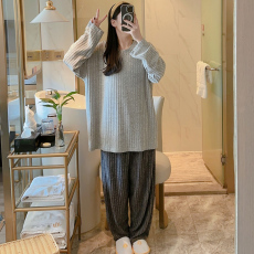 批发 L-5XL 男女磨毛绒睡衣坑条四季可穿加大套装