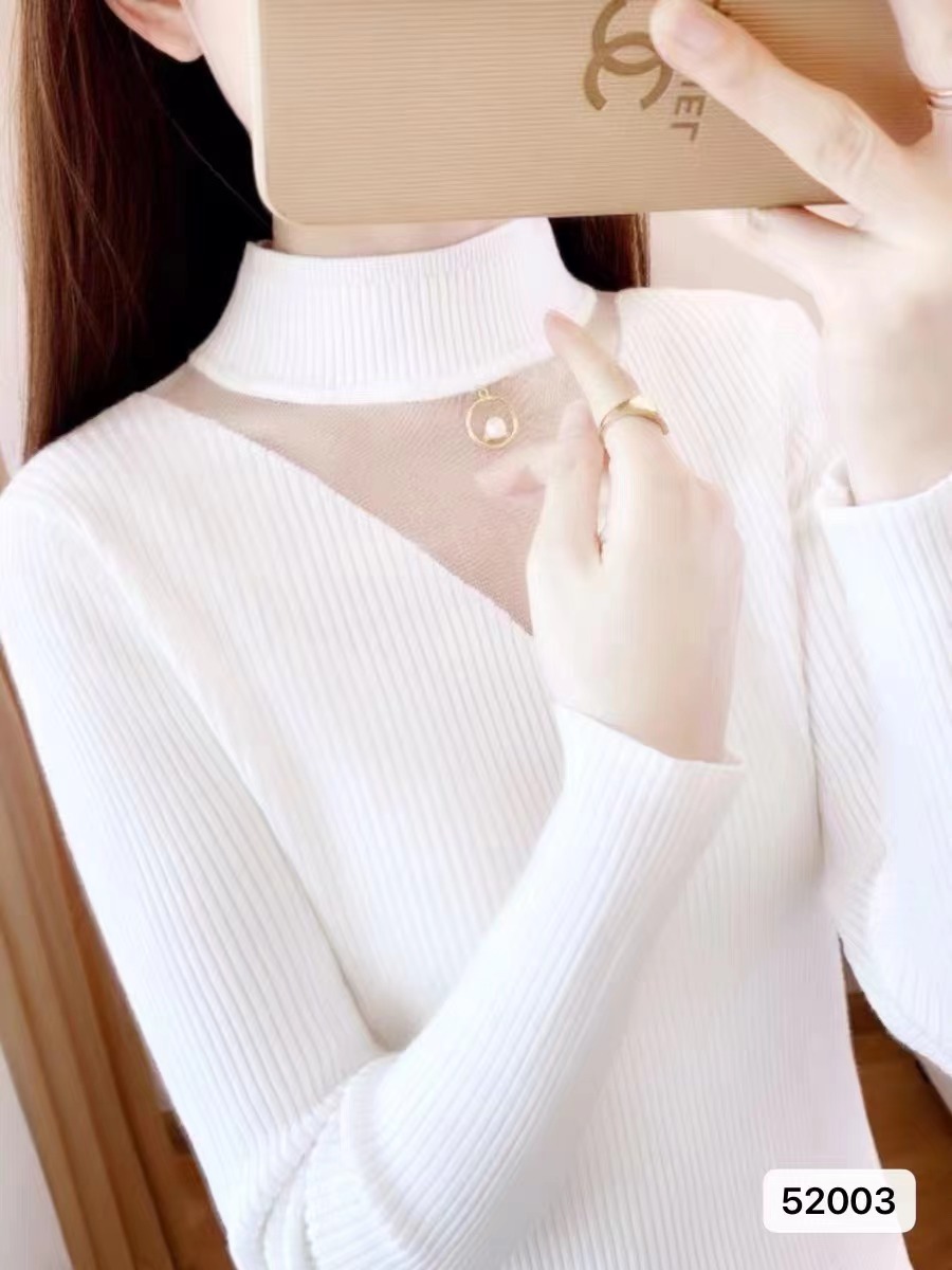 2023秋冬新款設計感洋氣半高領網紗鏤空修身百搭長袖上衣女