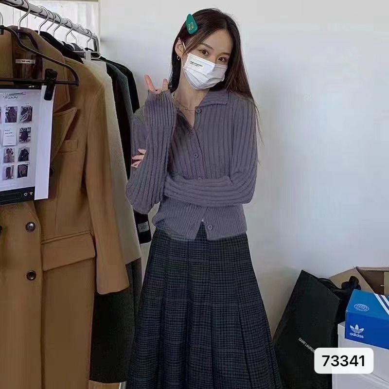 2023秋冬新款韓版氣質翻領坑條顯瘦針織長袖開衫上衣女