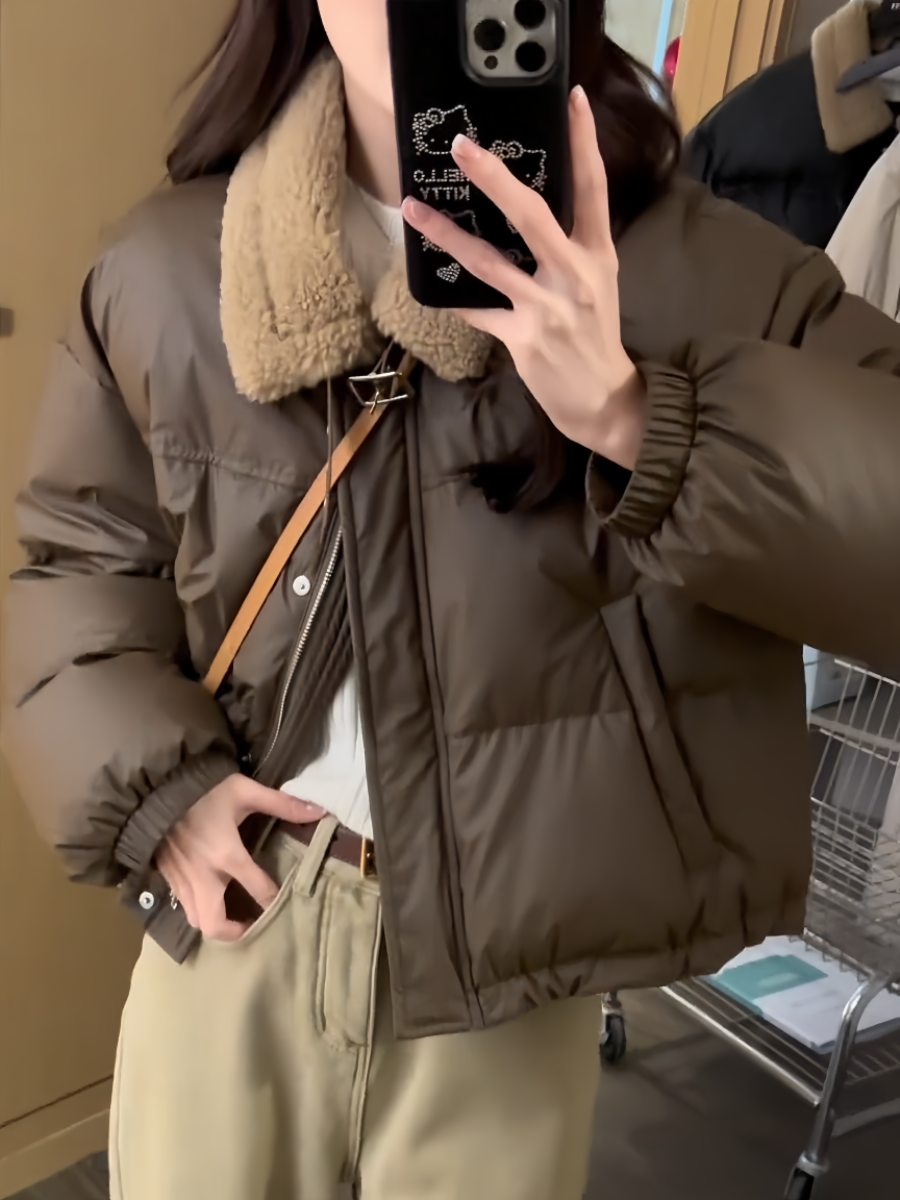 美拉德復古休閒短款羽絨服女冬季新款小眾百搭加厚保暖白鴨絨外套