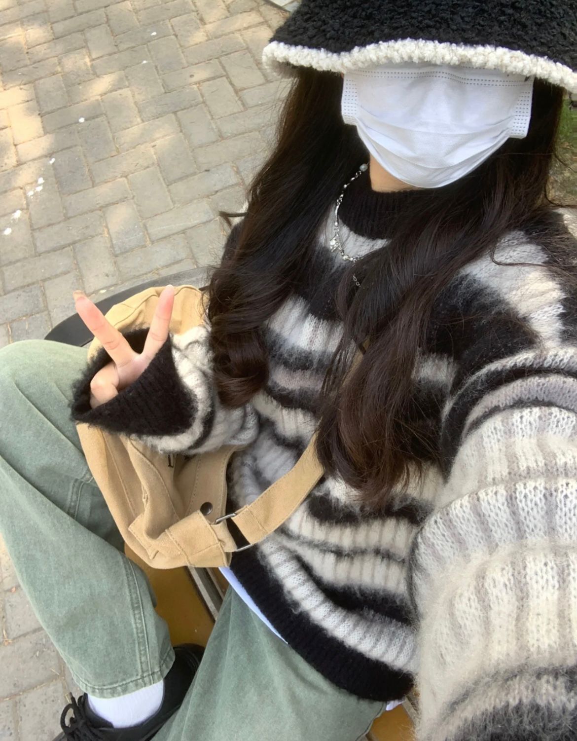 2024秋冬新款慵懶風馬海毛條紋長袖毛衣女寬鬆套頭針織衫上衣