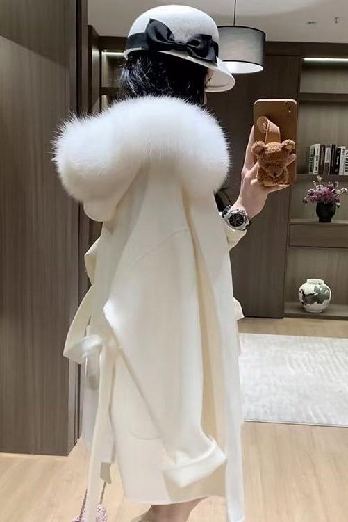加厚高級感女神范冬季穿搭白色毛領可拆卸連帽中長款毛呢大衣女潮