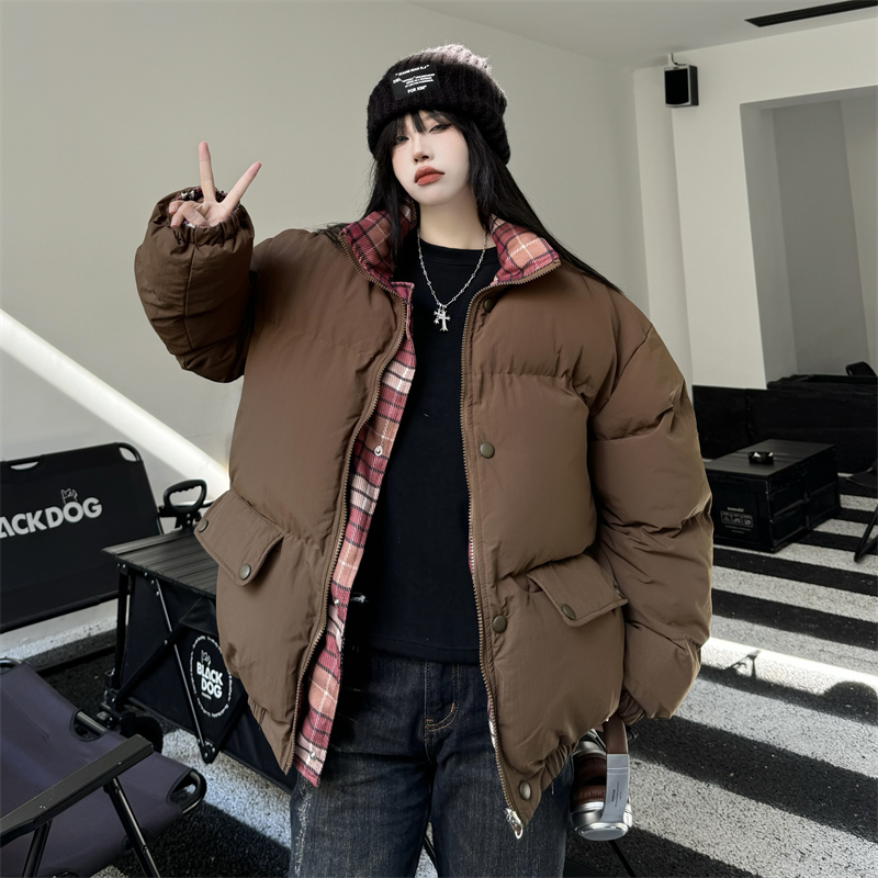 Real shot #American casual plaid double-sided cotton coat for women 2023 winter thickened warm cotton coat