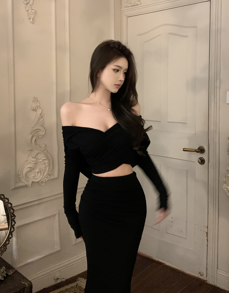 실사 유럽과 미국 핫걸 섹시함 긴팔 품격 까마귀 맨위 하이웨이스트 인어 꼬리 타이트 스커트 치마 세트 여성