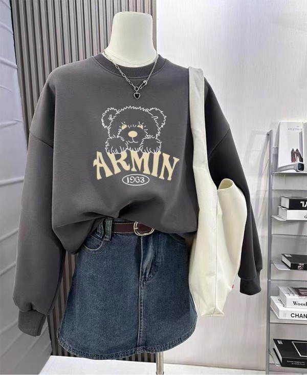 新款加絨加厚圓領印花衛衣女
