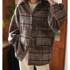 批发韩版秋冬粗花呢格子大口袋休闲宽松设计感衬衫原宿风呢子外套女