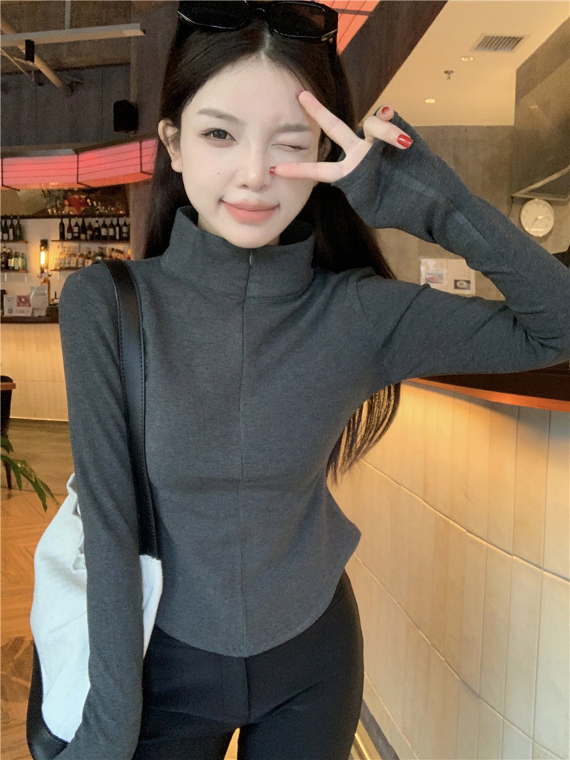 Real shot of half turtleneck Korean style waist slimming plus velvet pure lust style hot girl yoga style bottoming shirt