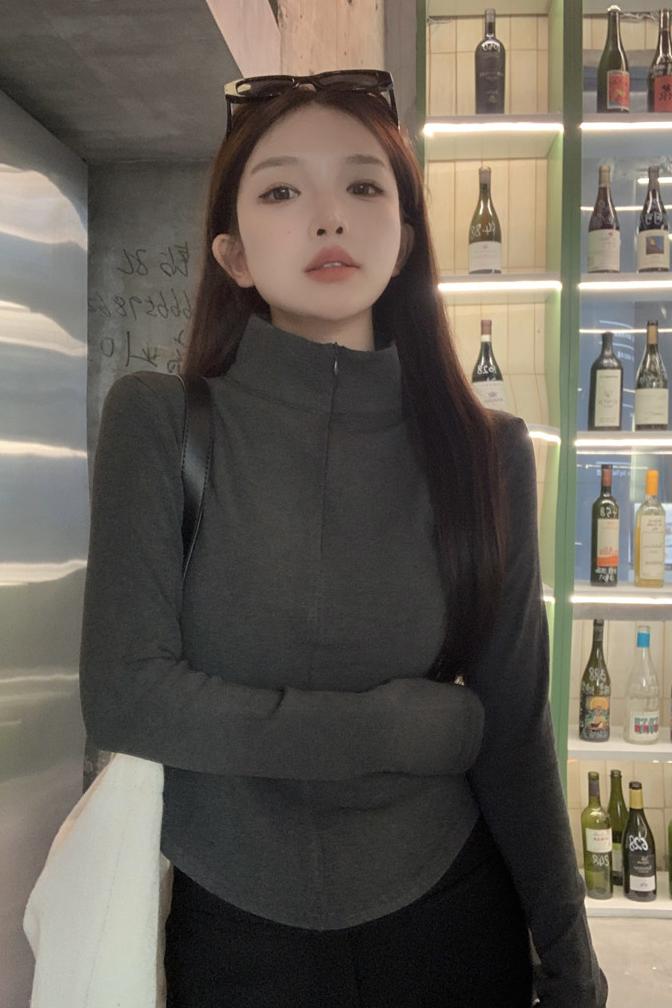 Real shot of half turtleneck Korean style waist slimming plus velvet pure lust style hot girl yoga style bottoming shirt