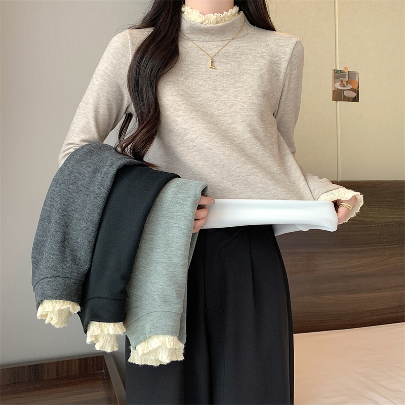 實拍綿羊絨300克打底衫女內搭半高領冬季長袖t恤設計感上衣