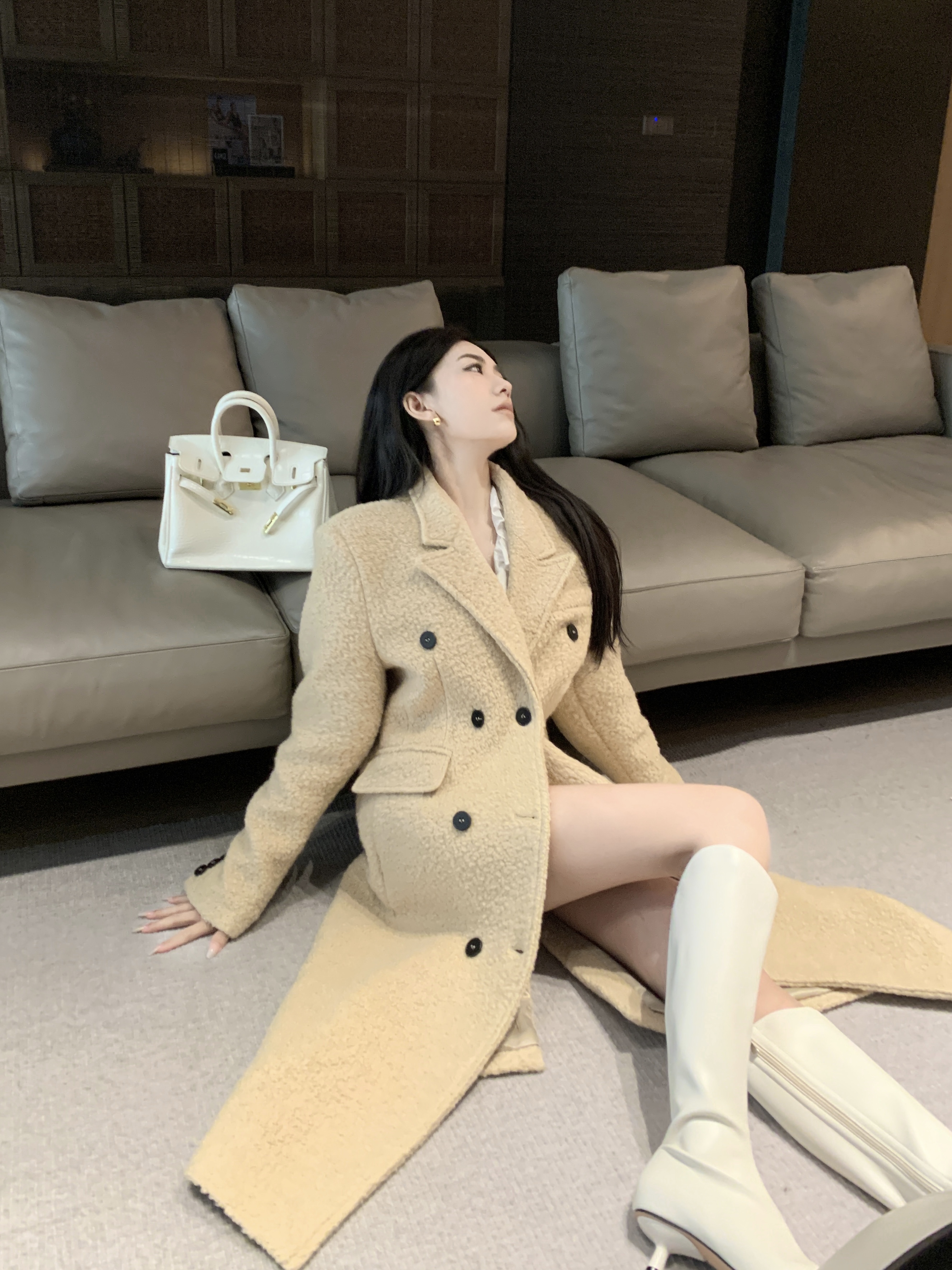 實拍 韓劇女主大衣 71%綿羊毛正肩直筒黑/奶駝色毛呢外套女冬