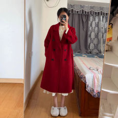 批发酒红色<b class='q'>中长款</b>加厚呢子大衣女2026秋冬新款高端韩系赫本风毛呢外套
