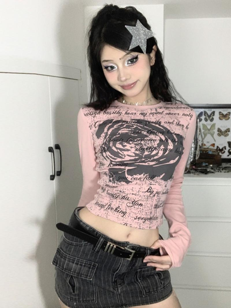 Hot Girl Pink Retro Romantic Rose Print Round Neck Slim Fit Top Autumn