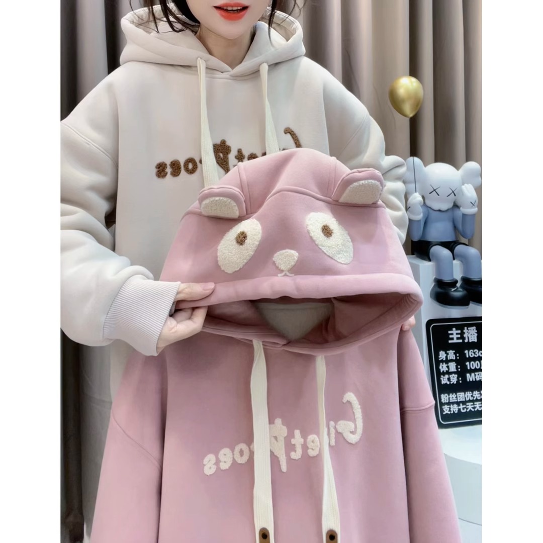 Velvet thickened Korean style casual loose letter embroidered hooded sweatshirt for women winter long-sleeved warm jacket trendy top