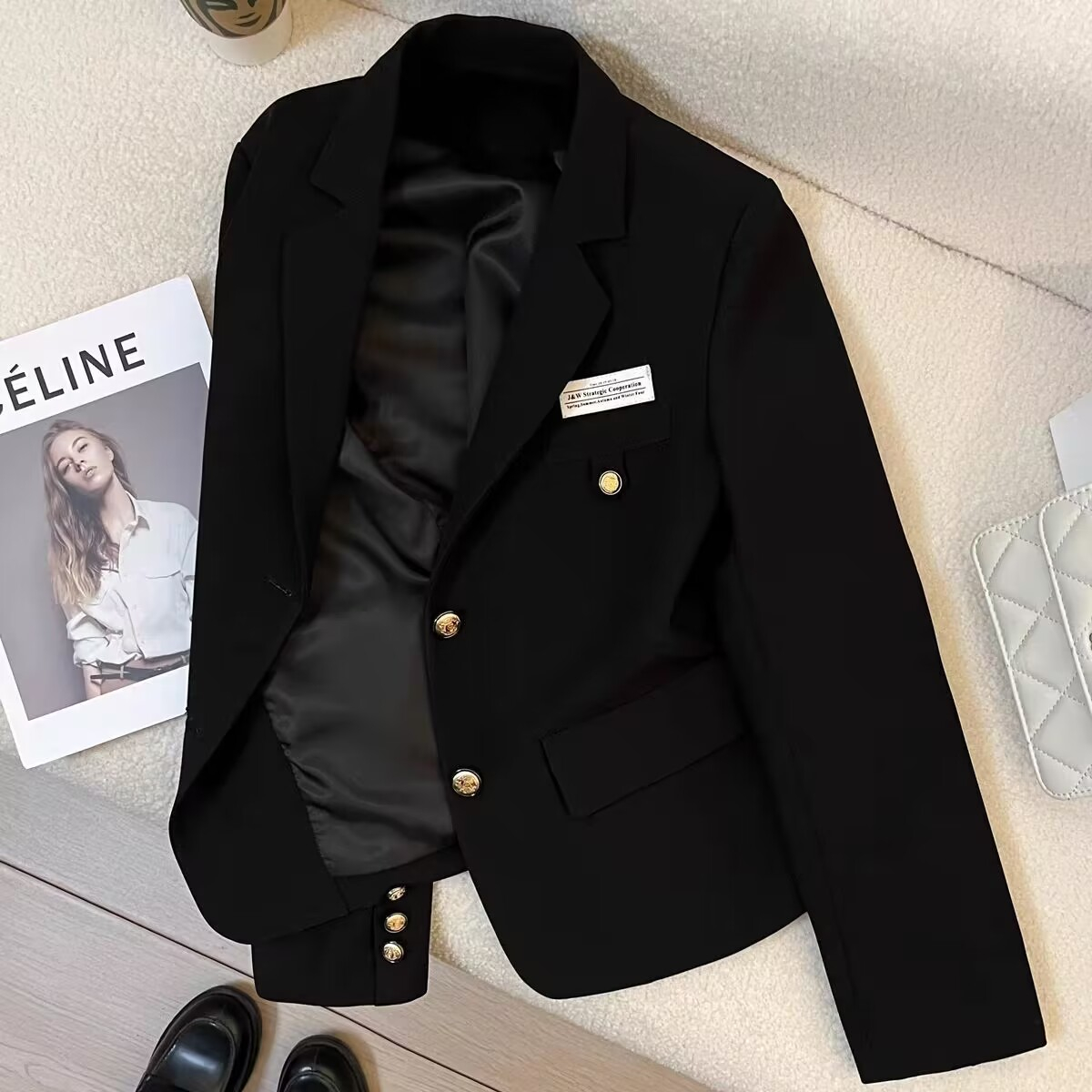 Black short blazer for small women  autumn new design college style casual street suit